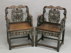 A PAIR OF 19TH CENTURY MOTHER OF PEARL INLAID HARDWOOD CHAIRS, with carved and pierced back splat