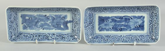 A PAIR OF CHINESE BLUE AND WHITE PORCELAIN RECTANGULAR DISHES, painted with a central panel of flora