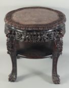 A LARGE 19TH CENTURY CHINESE MARBLE INSET CARVED HARDWOOD VASE STAND, with carved and pierced