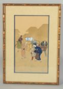 A CHINESE PAINTING ON PAPER, depicting figures, signed lower right, framed and glazed, image 32cm
