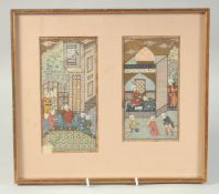 TWO FINE PERSIAN MINIATURE PAINTINGS, depicting courtyard scenes with figures, framed and glazed