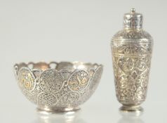 AN INDIAN SILVER PERFUME BOTTLE AND SYRIAN GOLD INLAID SILVER CUP, (2).
