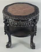 A LARGE 19TH CENTURY CHINESE MARBLE INSET CARVED HARDWOOD VASE STAND, with carved and pierced