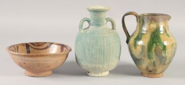 THREE PIECES OF SYRIAN RAQQA POTTERY; vase, bowl and ewer, (3).