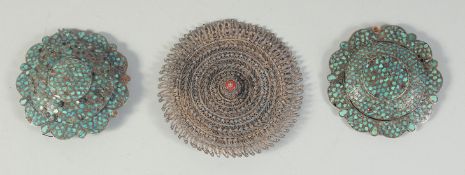 A PAIR OF 19TH CENTURY CENTRAL ASIAN BUKHARA TURQUOISE INSET SILVER BELT MOUNTS, together with