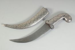 AN INDIAN SILVER INLAID DAGGER AND SCABBARD, with damascened steel blade, 35cm long overall.