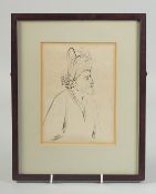 A MIDDLE EASTERN INK PORTRAIT ON PAPER, signed lower right, framed and glazed, image 17cm x 12.5cm.