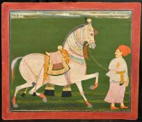 A FINE 19TH CENTURY INDIAN PAINTING OF A MAN AND HORSE, unframed, 22cm x 25.5cm.