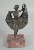 AN AUSTRIAN COLD PAINTED BRONZE GIRL lifting her skirt, on a square base. 6ins high.