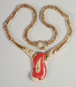 M. HAGOPIAN. A SUPERB 18K YELLOW GOLD DIAMOND AND CORAL SET NECKLACE. 95gms in a leather pouch,