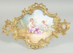 A GOOD SQUARE SHAPED PORCELAIN PLAQUE ON A STAND, painted with a young lady and a cupid on a good