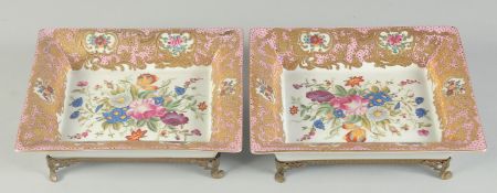 A PAIR OF SEVRES STYLE PINK RECTANGULAR TRAYS.