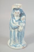 A GOOD 18TH CENTURY FRENCH BLUE AND WHITE MADONNA AND CHILD VASE. 8.5ins high.