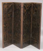 A VERY GOOD TOLEDO FOUR FOLD LEATHER SCREEN with panels of birds and foliage. 5ft high, 5ft 4ins