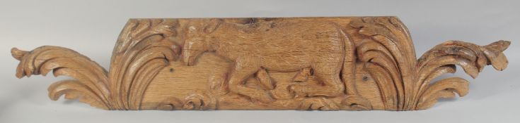 AN 18TH CENTURY CARVED PANEL with acanthus. 16ins long.