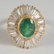 A VERY GOOD 18CT GOLD BAGUETTE AND EMERALD BALLERINA RING with central emerald.