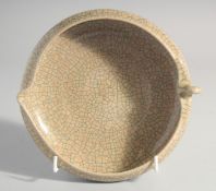 A CHINESE SONG STYLE PEACH SHAPED CRACKLE GLAZE BRUSH WASHER, 17.5cm diameter.