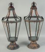 A GOOD PAIR OF COPPER HEXAGONAL LANTERNS. 27ins high.