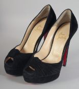 A PAIR OF CHRISTIAN LOUBOUTIN BLACK SUEDE SHOES. Size 37.5.
