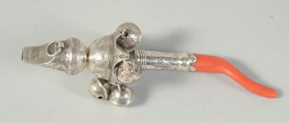 A GEORGE III SILVER AND CORAL RATTLE with whistle and six bells. 5ins long. London 1826. Maker: