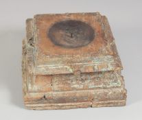 A 17TH - 18TH CENTURY CARVED ITALIAN WOODEN BASE. 7.5ins.