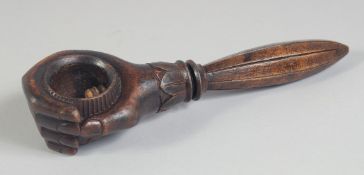 A 19TH CENTURY TREEN HAND SHAPED NUTCRACKER 7.5ins high.