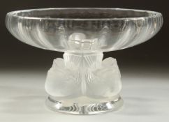 A LALIQUE CIRCULAR PEDESTAL BOWL, the base with four cherubs. and birds. Signed. 14ins diameter.