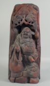 A CHINESE CARVED WOOD BUDDHA FIGURE. 19ins high.
