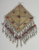 A GOOD ISLAMIC SQUARE HANGING, set with various uncut stones. 15cm x 15cm plus handles.