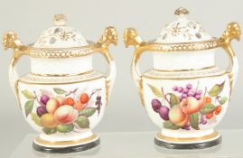 A GOOD PAIR OF ENGLISH PORCELAIN TWO HANDLED POT POURI VASES AND COVERS, painted with birds and