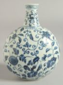 A CHINESE BLUE AND WHITE PORCELAIN MOON FLASK VASE, with flower heads and scrolling vine, bearing