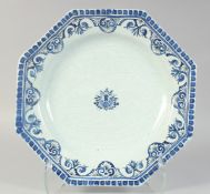A GOOD 18TH CENTURY CONTINENTAL BLUE AND WHITE OCTAGONAL CHARGER. 14ins diameter.