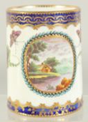 A GOOD WORCESTER PORCELAIN TANKARD, blue and gilt borders, painted with fruit, butterflies and a