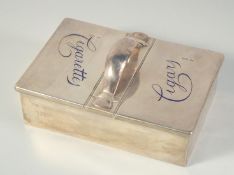 A GOOD MAPPIN AND WEBB SILVER AND WOODEN TABLE CIGAR AND CIGARETTE BOX, with cigar and cigarette