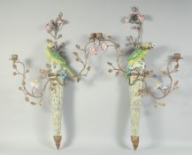 A GOOD LARGE PAIR OF PORCELAIN GILT METAL BIRDS AND FLOWERS WALL LIGHTS encrusted with flowers.