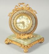 A GOOD SMALL 19TH CENTURY GILT METAL AND AGATE CLOCK with diamante surround dial. 5.5ins high.