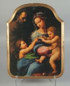 A WOODEN PLAQUE, HOLY FAMILY. 17ins x 12ins.