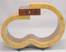 A GOOD BLOND WOOD ART DECO DESIGN CONSOLE with a single drawer. 4ft wide, 2ft 11ins high.