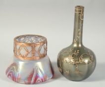 A LOETZ STYLE IRIDESCENT CIRCULAR BOWL with pierced metal cover. 5ins diameter and a BULBOUS VASE