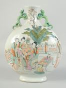 A CHINESE PORCELAIN MOON FLASK painted with figures and calligraphy. 13ins high.