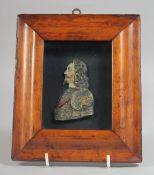 A FRAMED CARVED WOOD PAINTED AND GLAZED RELIEF OF CHARLES 1ST.