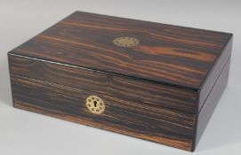 A GOOD 19TH CENTURY COROMANDEL FITTED JEWELLERY BOX AND COVER. 11.5ins wide.