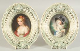 A VERY GOOD PAIR OF PORCELAIN OVAL MINIATURES of ladies. 3.24ins x 2.25ins in BELLEEK OVAL PORCELAIN
