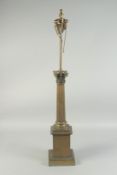 A 19TH CENTURY BRASS CORINTHIAN COLUMN LAMP. 35ins high with fitting.