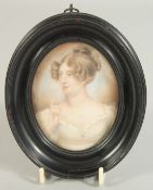 VICTORIAN SCHOOL. PORTRAIT MINIATURE OF MRS COUTTS, half length. 3.5ins x 2.75ins in a wooden