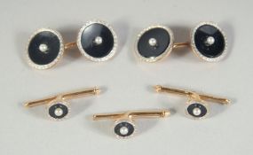 A 18CT WHITE GOLD BLACK AND PEARL DRESS STUDS AND CUFF LINKS. Boxed Ryfie - Birki Toronto.