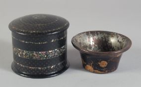 A CIRCULAR BOX AND COVER 3ins diameter AND A METAL LINED LACQUER BOWL 3ins diam. (2).