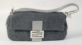 A FENDI SOFT GREY WOOL BAG with crystal clasp and a grey leather strap. 11ins lon, 6ins high in a