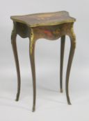 A 19TH CENTURY LOUIS XVI STYLE BEDSIDE TABLE with painted top on curving legs. 1ft 8ins wide.