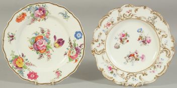 TWO ENGLISH PORCELAIN PLATES painted with flowers. 9ins & 8.5ins diameter.